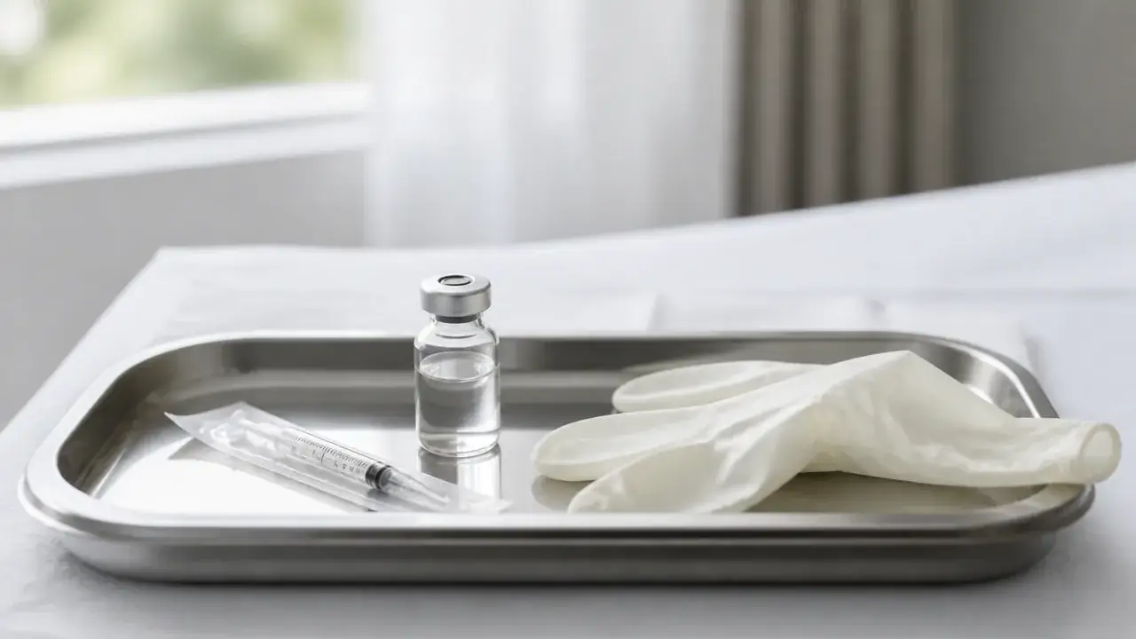 AI-generated still life of an unbranded vial and packaged syringe on a tray